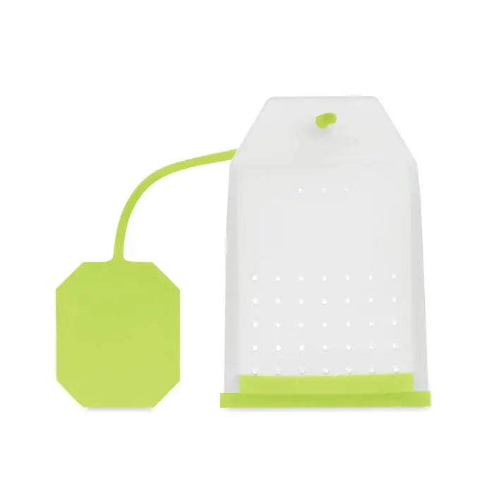 Filtru de ceai din silicon lime verde cu corp din plasa alba si maner asortat pentru infuzarea ceaiului