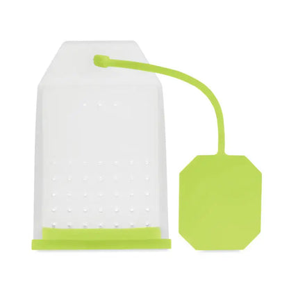 Filtru de ceai din silicon lime green cu corp perforat alb si eticheta octogonala asortata pentru infuzare eficienta