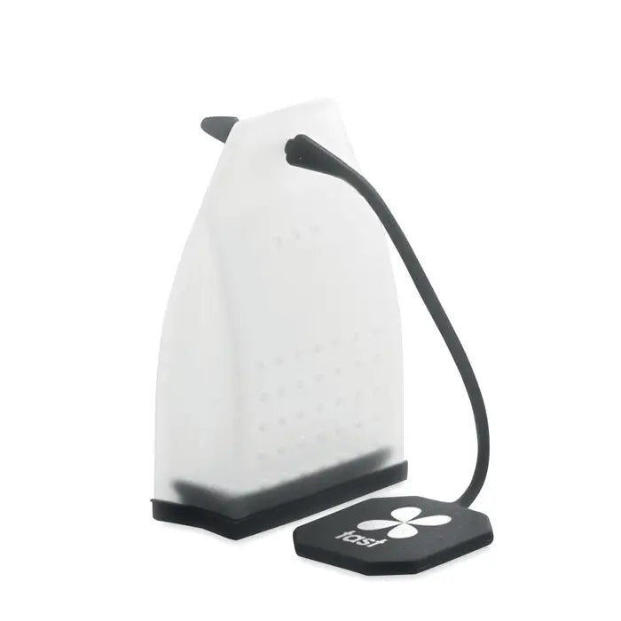 Filtru de ceai din silicon alb cu baza neagra si brat flexibil marca tost pentru infuzarea ceaiului