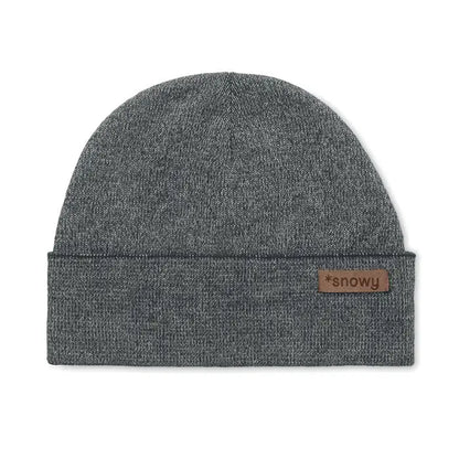 Dark gray heathered knit beanie made of fire acrilice with folded cuff and snowy leather patch on the side