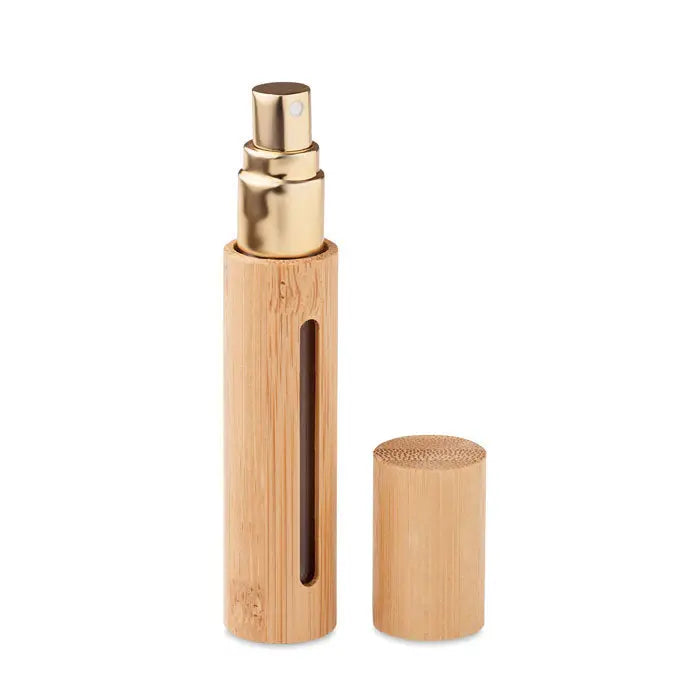 Flacon atomizator de parfum 10 ml din bambus elegant cu duza si capac metalic auriu pentru calatorii