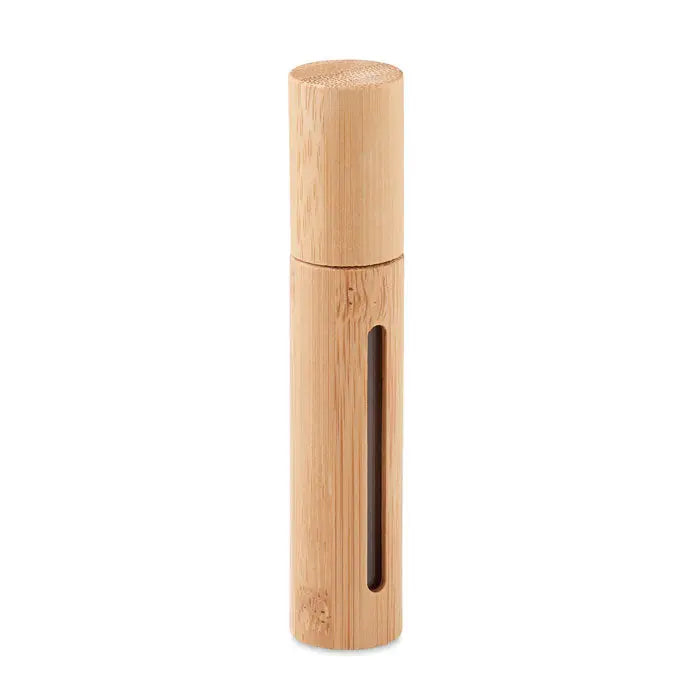 Flacon atomizator de parfum 10 ml din bambus maro deschis cu fereastra transparenta verticala cilindrica