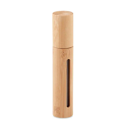 Flacon atomizator de parfum 10 ml din bambus maro deschis cu fereastra transparenta verticala cilindrica