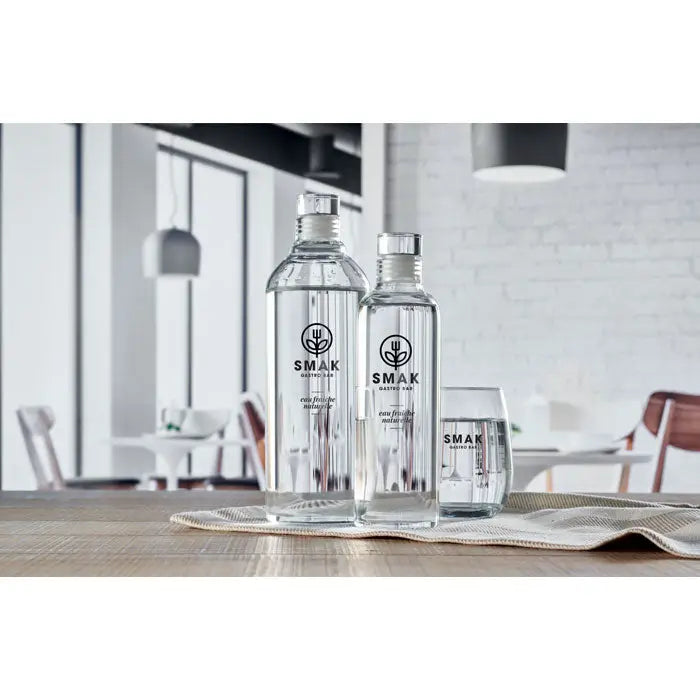 Sticle de apă din sticlă borosilicată clară de 500 ml cu design modern și branding negru smak pe față