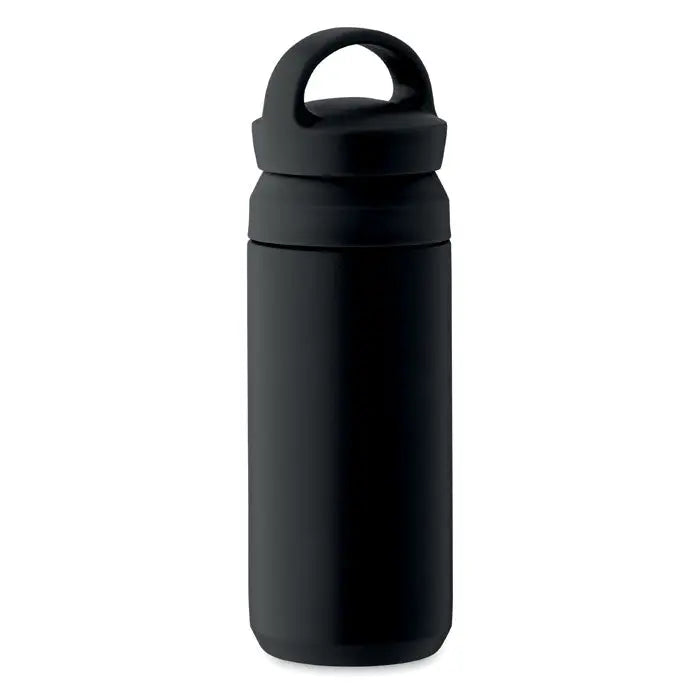 Flacon cu perete dublu 320 ml sticla izolanta neagra cu finisaj mat si maner integrat pe capac
