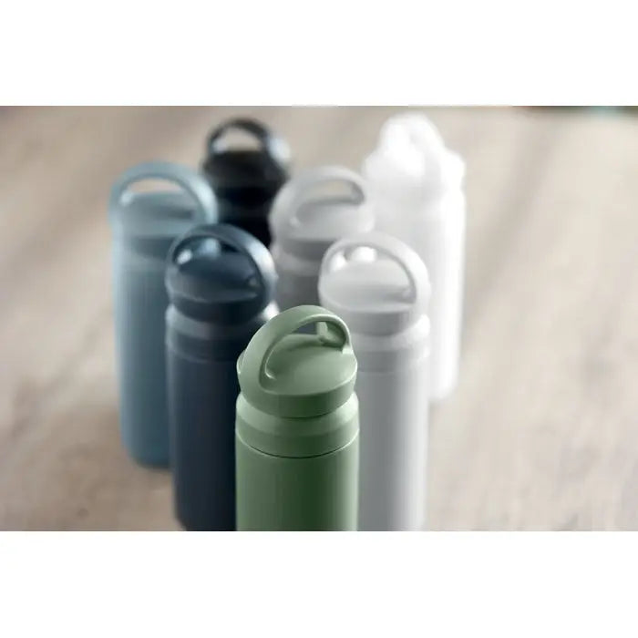 Flacon cu perete dublu 320 ml verde măsliniu, sticlă izolantă cu capac și mâner integrat