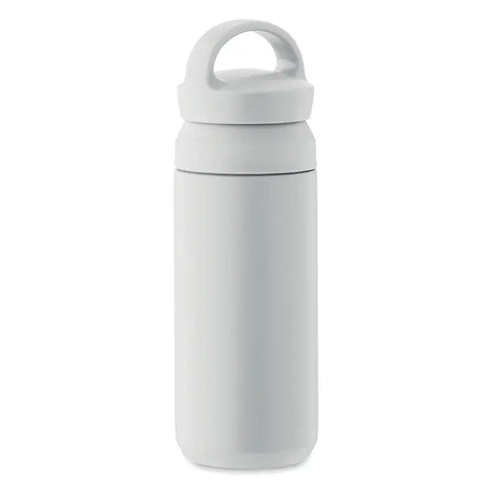 Flacon cu perete dublu 320 ml sticlă izolatoare albă cu design minimalist și mâner integrat în capac