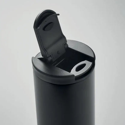 Flacon cu perete dublu 330 ml in forma cilindrica neagra cu capac articulat si maner integrat pentru calatorii