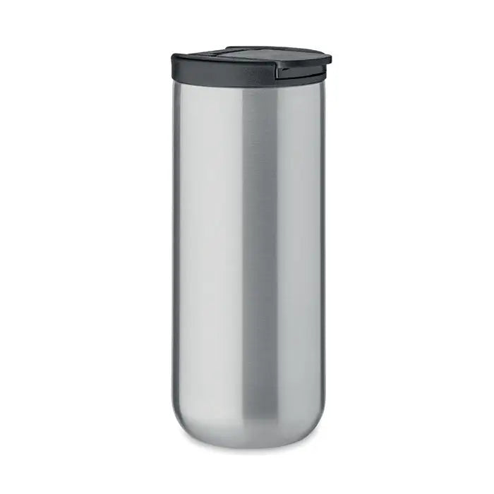 Flacon cu perete dublu de 330 ml din inox argintiu cu capac negru din plastic pentru calatorii