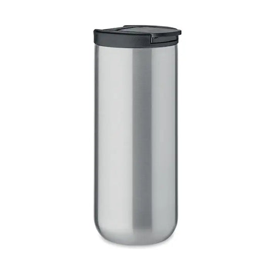 Flacon cu perete dublu de 330 ml din inox argintiu cu capac negru din plastic pentru calatorii