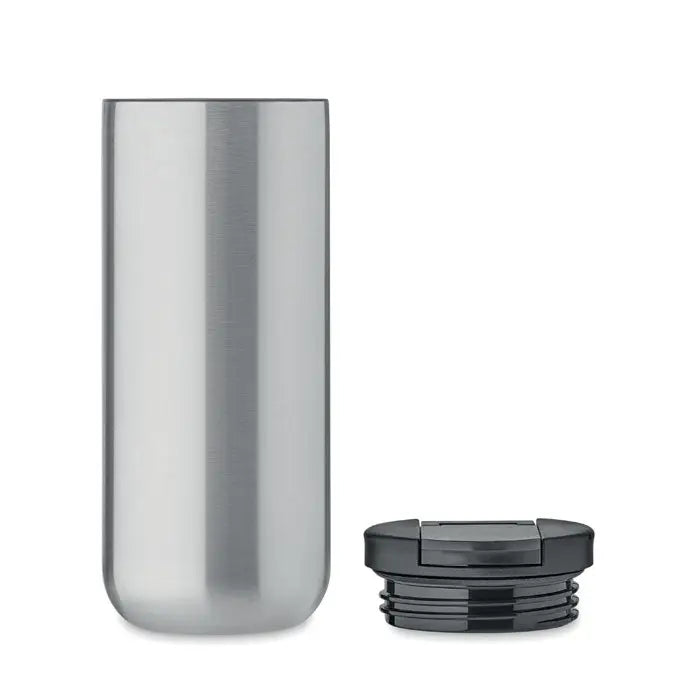 Flacon cu perete dublu 330 ml argintiu din inox cu capac negru din plastic ideal pentru calatorii