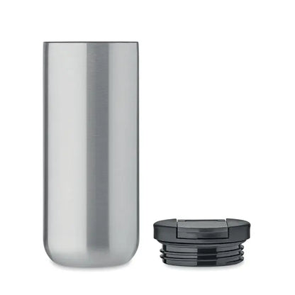 Flacon cu perete dublu 330 ml argintiu din inox cu capac negru din plastic ideal pentru calatorii