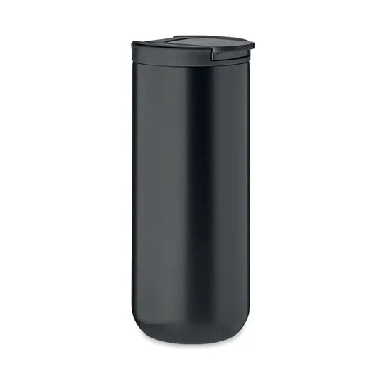 Flacon cu perete dublu 330 ml negru mat cu design cilindric elegant si capac flip-top pentru calatorii