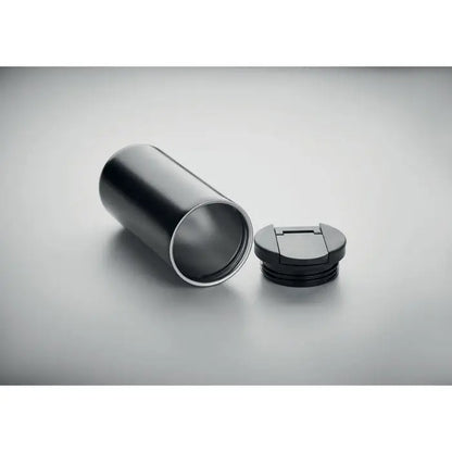 Flacon cu perete dublu 330 ml negru cilindric din material mat cu capac flip top pentru calatorii