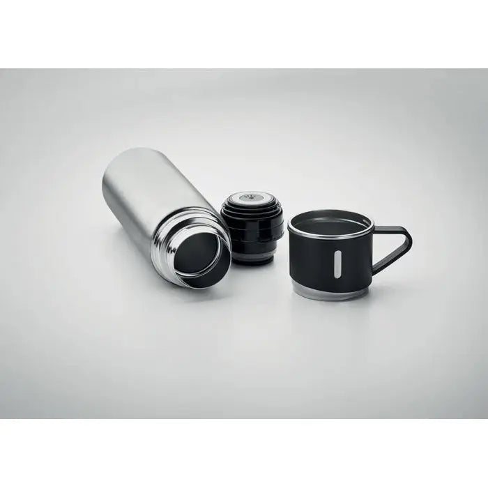 Flacon cu perete dublu 420 ml negru si argintiu izolat cu design modern pentru calatorii