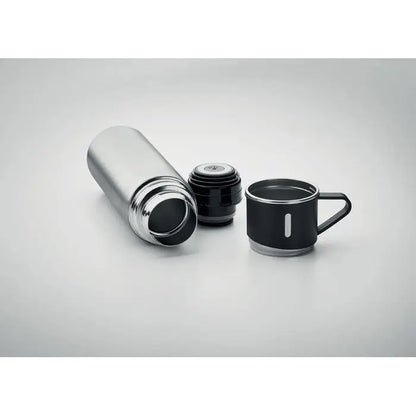 Flacon cu perete dublu 420 ml negru si argintiu izolat cu design modern pentru calatorii