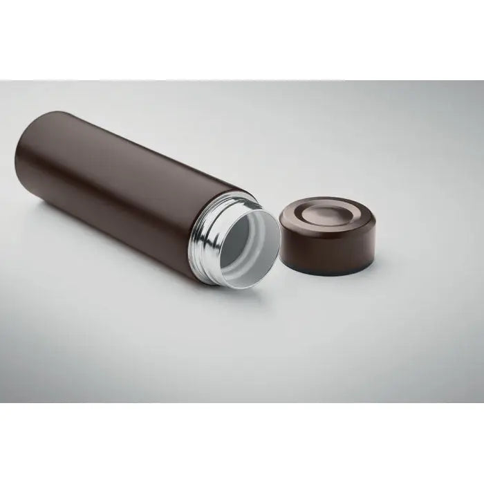 Flacon cu perete dublu 420 ml din inox maro cu margine si capac metalic argintiu pentru bauturi calde si reci