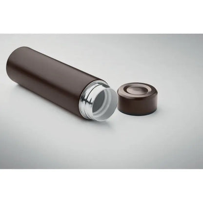 Flacon cu perete dublu 420 ml din inox maro cu margine si capac metalic argintiu pentru bauturi calde si reci
