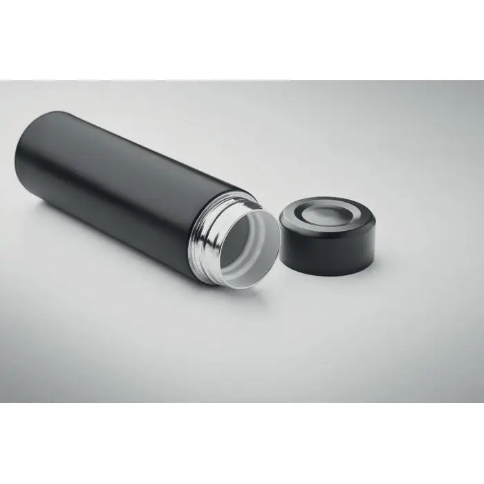 Flacon cu perete dublu 420 ml termos de calatorie negru mat cu margine metalica argintie