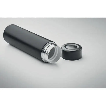 Flacon cu perete dublu 420 ml termos de calatorie negru mat cu margine metalica argintie