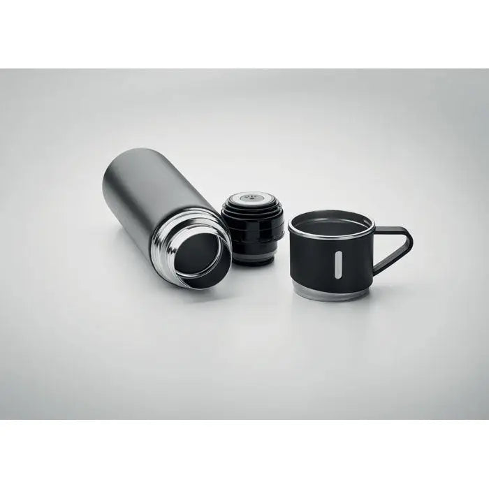 Flacon cu perete dublu 420 ml travel mug negru din otel inoxidabil cu accente argintii si design minimalist
