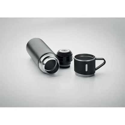 Flacon cu perete dublu 420 ml travel mug negru din otel inoxidabil cu accente argintii si design minimalist