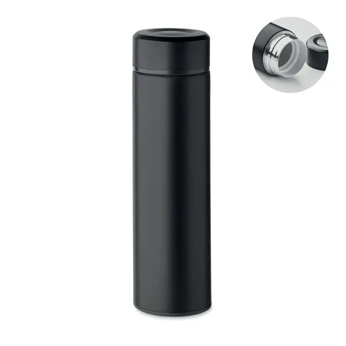 Flacon cu perete dublu 420 ml cu travel mug izolat negru, finisaj mat si capac asortat