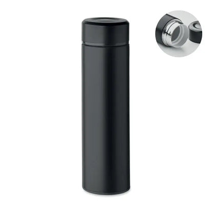Flacon cu perete dublu 420 ml cu travel mug izolat negru, finisaj mat si capac asortat