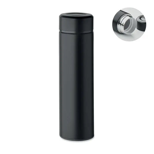 Flacon cu perete dublu 420 ml cu travel mug izolat negru, finisaj mat si capac asortat