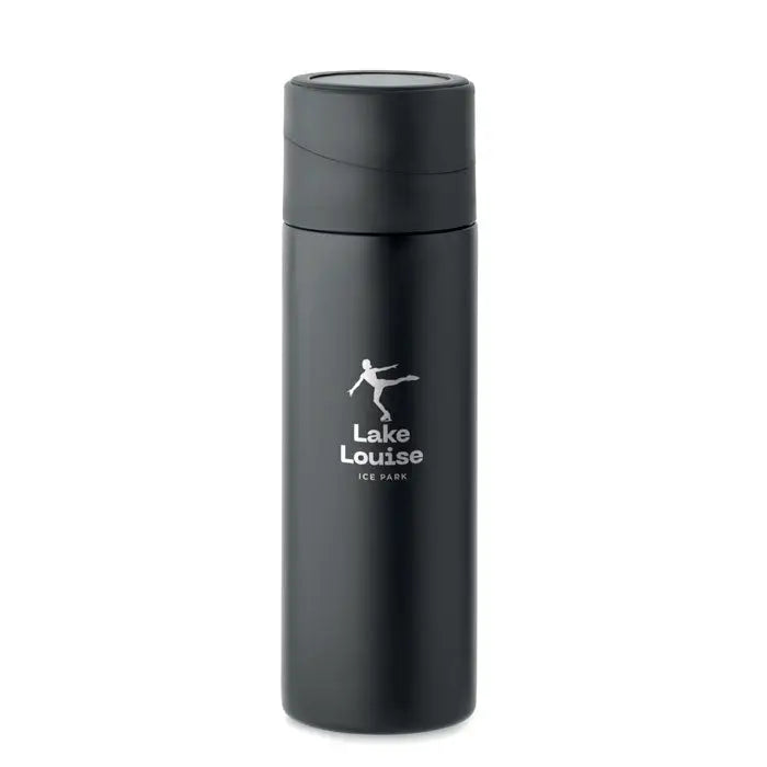 Flacon cu perete dublu 420 ml negru mat cu capac si silueta alba patinator, lake louise ice park