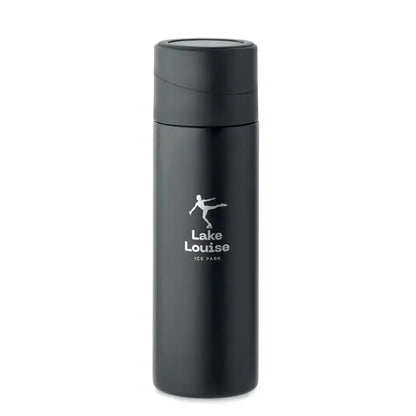 Flacon cu perete dublu 420 ml negru mat cu capac si silueta alba patinator, lake louise ice park