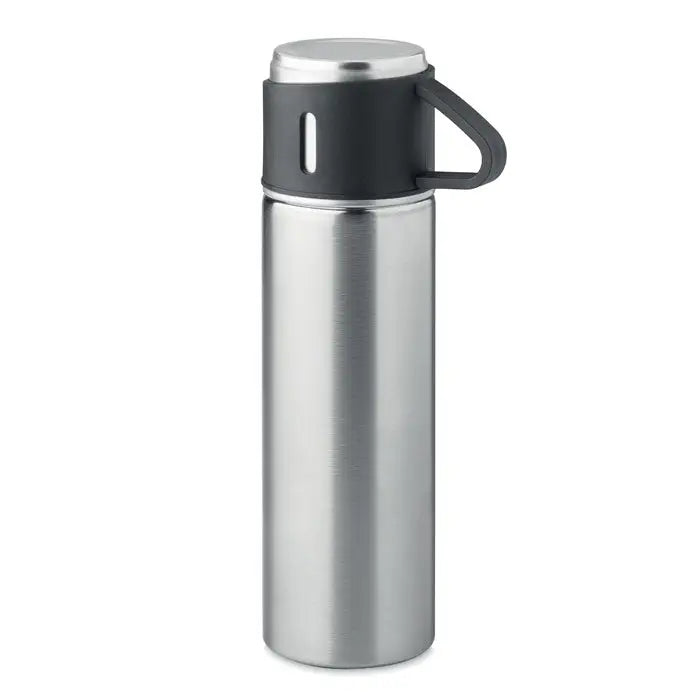 Flacon cu perete dublu 420 ml argintiu din otel inoxidabil cu grip negru si maner ergonomic