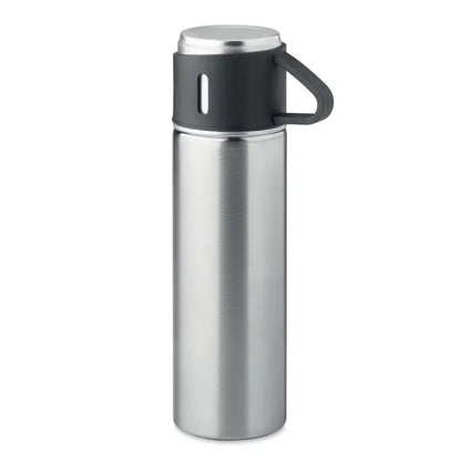 Flacon cu perete dublu 420 ml argintiu din otel inoxidabil cu grip negru si maner ergonomic