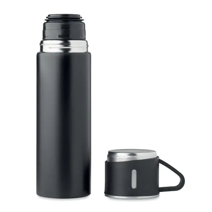 Flacon cu perete dublu 420 ml travel bottle negru izolat cu finisaj mat si accente argintii pe capac, baza si maner