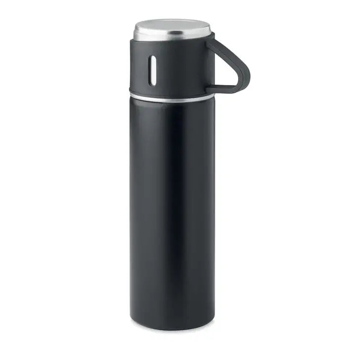 Flacon cu perete dublu 420 ml sticla de calatorie izolata neagra cu capac argintiu si maner