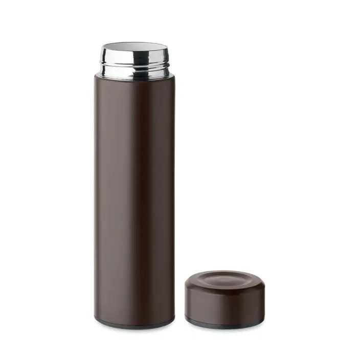 Flacon cu perete dublu 420 ml maro cu bază termoizolantă și capac metalic argintiu lucios pentru călătorii