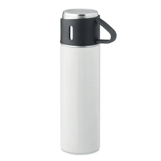 Flacon cu perete dublu alb cu capac argintiu lucios si maner negru antiderapant 420 ml pentru calatorii