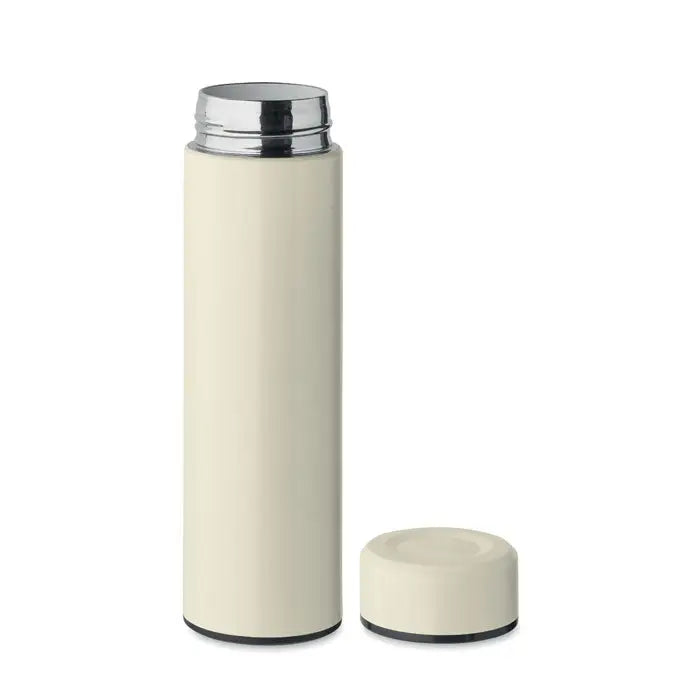 Flacon cu perete dublu 420 ml sticla izolanta din otel inoxidabil crem cu capac argintiu si baza neagra