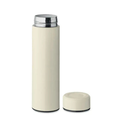 Flacon cu perete dublu 420 ml sticla izolanta din otel inoxidabil crem cu capac argintiu si baza neagra