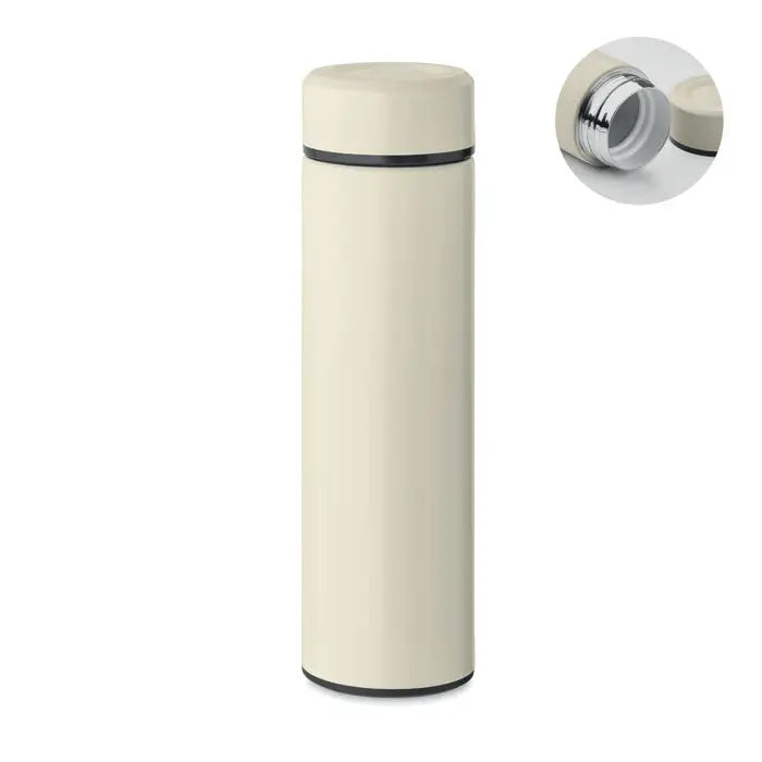 Flacon cu perete dublu 420 ml crem din inox izolat cu capac asortat si inele negre accentuate