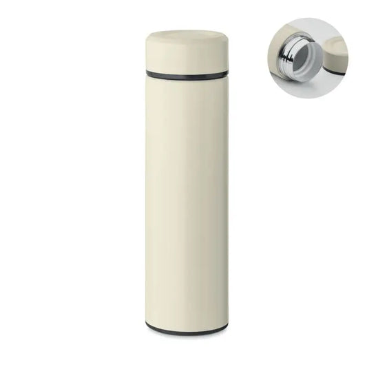Flacon cu perete dublu 420 ml crem din inox izolat cu capac asortat si inele negre accentuate