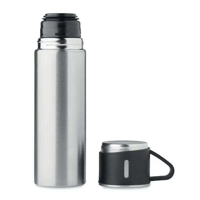 Flacon cu perete dublu 420 ml din otel inoxidabil argintiu cu capac negru si maner siliconic negru