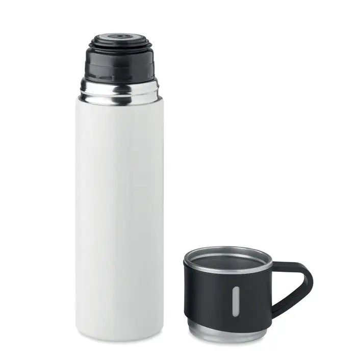 Flacon cu perete dublu 420 ml alb izolat cu capac negru si cana neagra cu maner elegant din inox