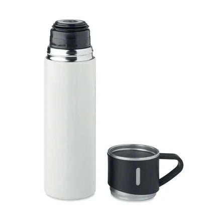 Flacon cu perete dublu 420 ml alb izolat cu capac negru si cana neagra cu maner elegant din inox