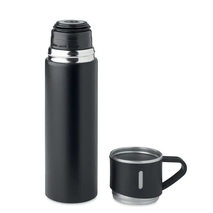 Flacon cu perete dublu negru de 420 ml cu bandă metalică argintie și cană asortată cu mâner elegant