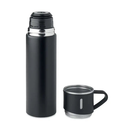 Flacon cu perete dublu negru de 420 ml cu bandă metalică argintie și cană asortată cu mâner elegant