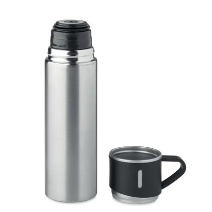 Flacon cu perete dublu 420 ml din inox argintiu cu capac negru si cana asortata design minimalist si elegant