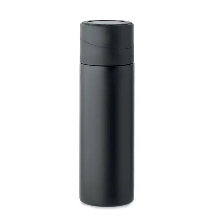 Flacon cu perete dublu 420 ml cu finisaj negru mat si design cilindric cu capac asortat pentru calatorii