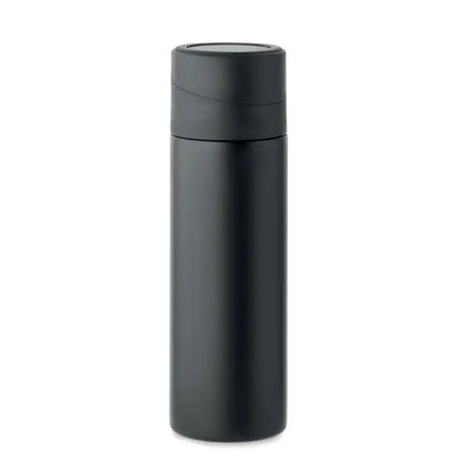 Flacon cu perete dublu 420 ml cu finisaj negru mat si design cilindric cu capac asortat pentru calatorii