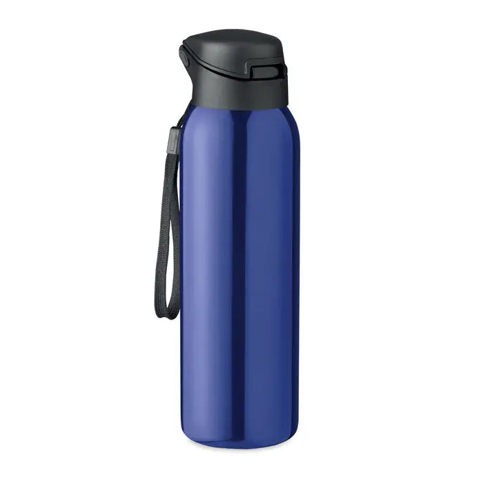 Flacon cu perete dublu 580 ml albastru metalizat cu capac flip-top negru si curea de mana atasata